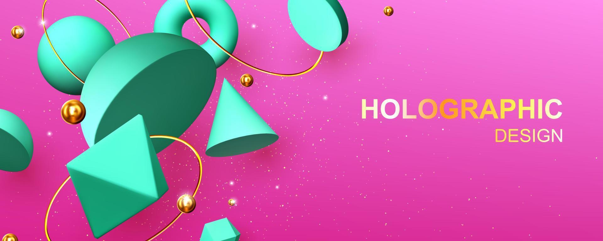 Holographic abstract design banner with 3d shapes vector