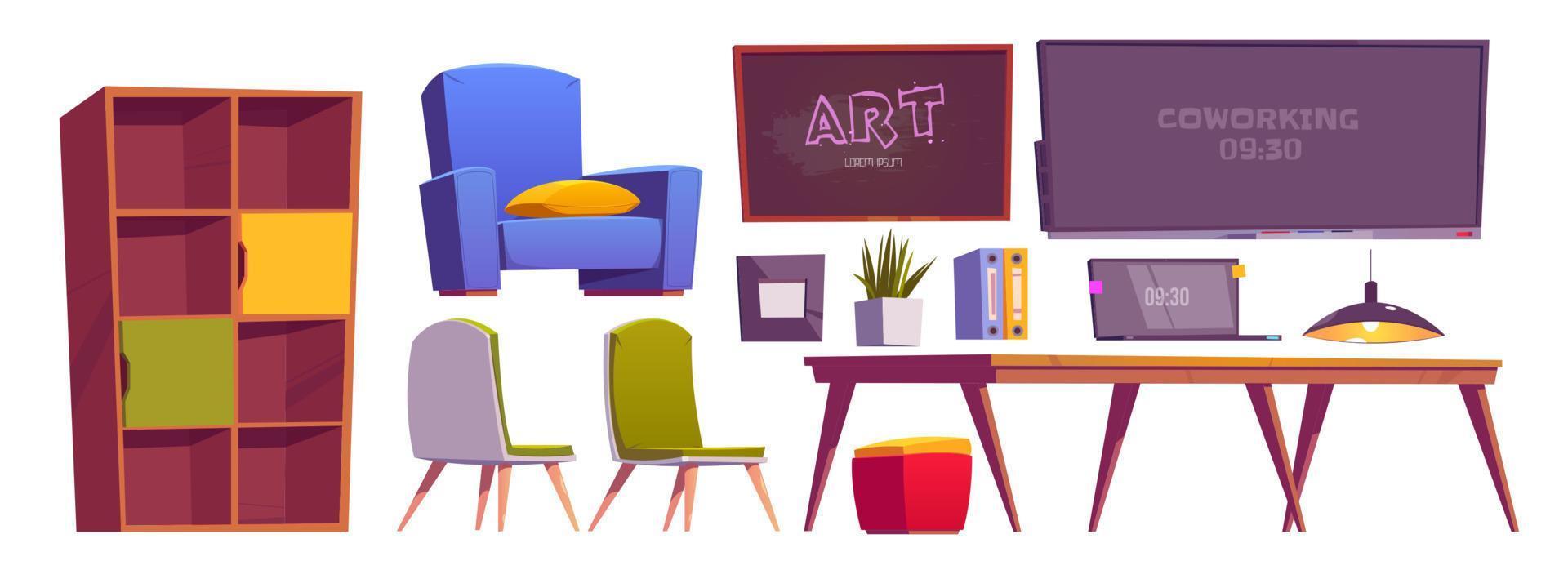 Coworking space interior stuff and furniture set vector