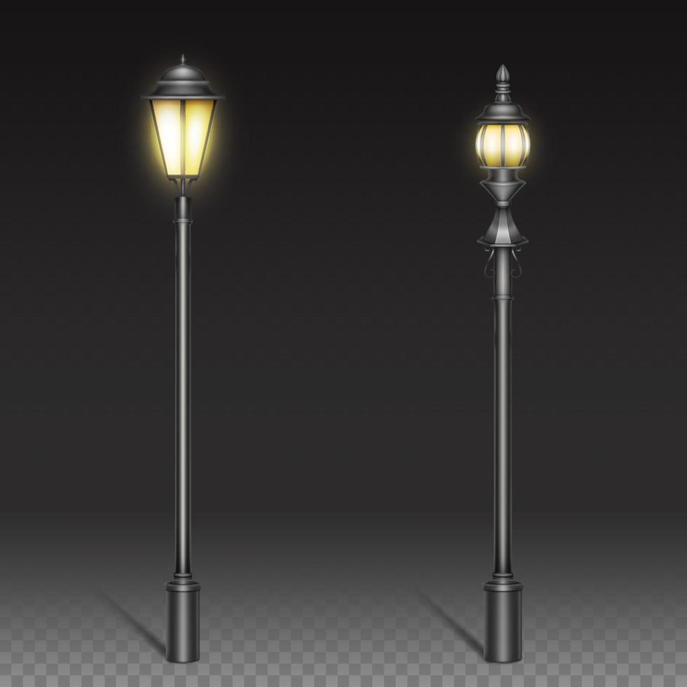 Vintage street lamps, black iron lantern on post vector