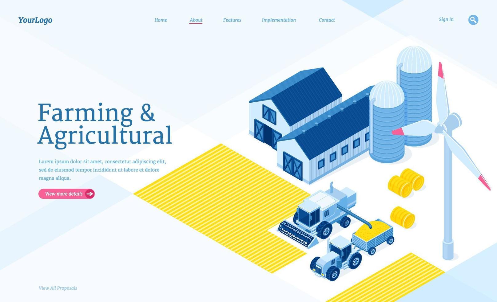 Farming and agricultural isometric landing page vector