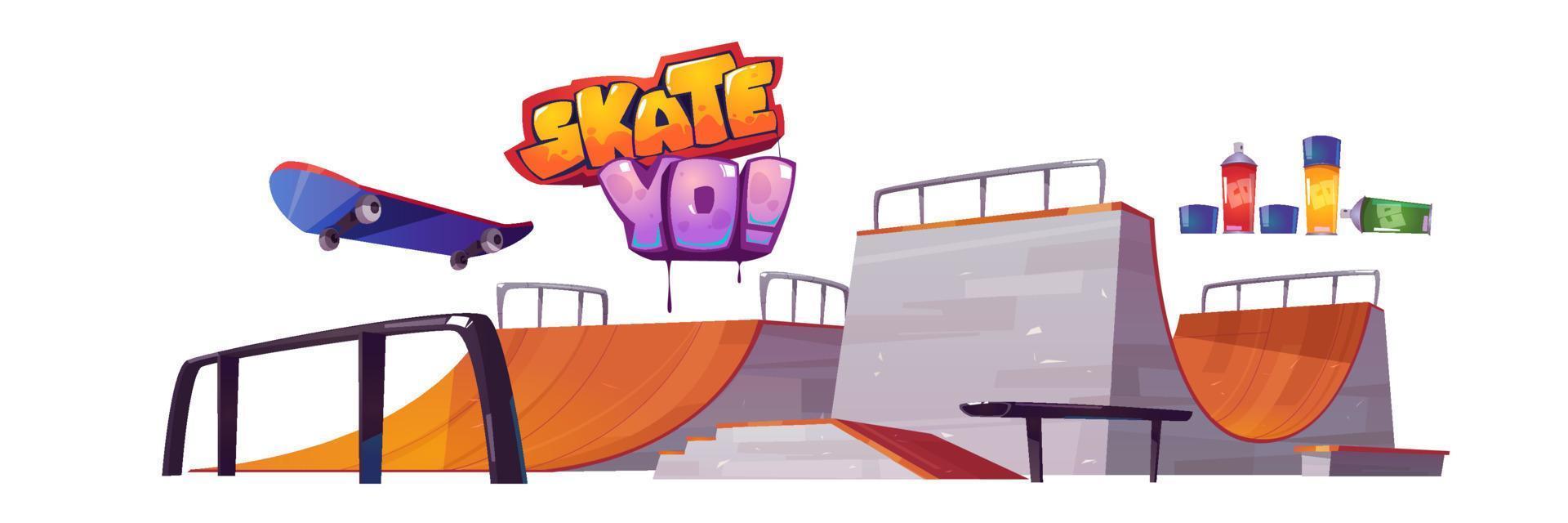 Skate park ramps, skateboard and graffiti letters vector