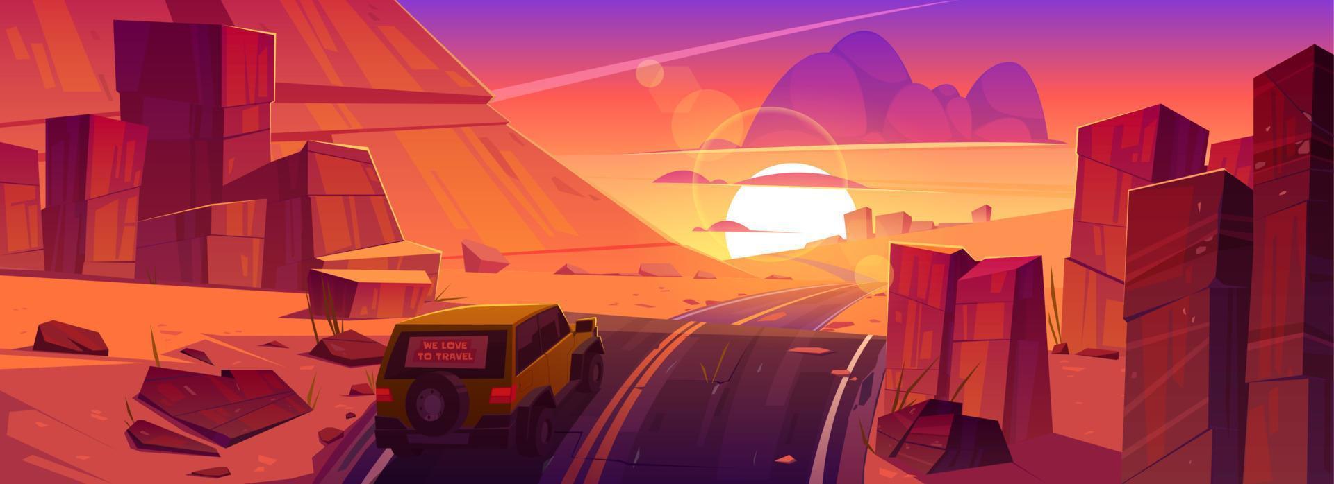 Car driving road at sunset desert canyon landscape vector