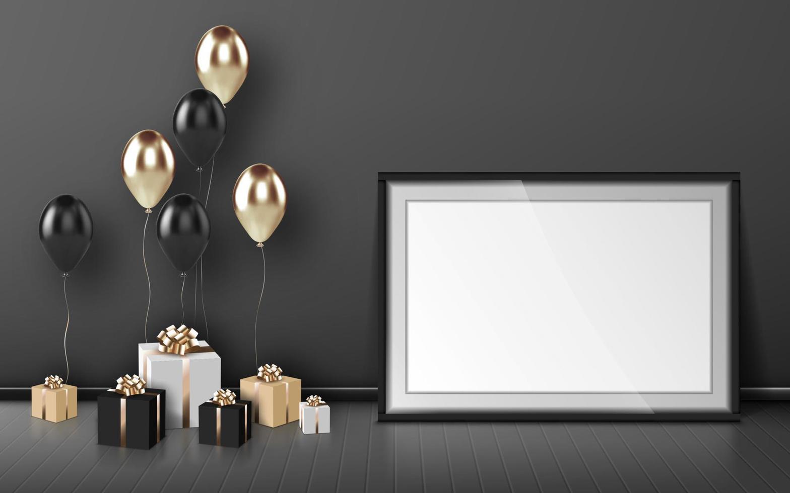 Blank frame, balloons and wrapped gift boxes. vector