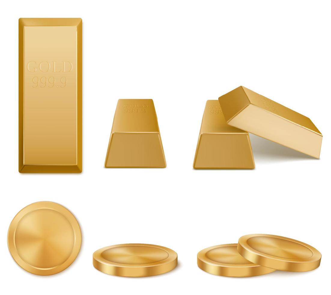 Golden bars, yellow metal ingots and coins vector