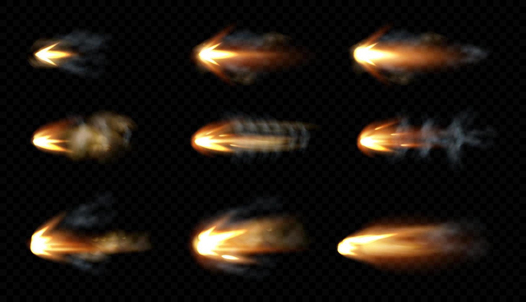 Gun flashes with fire and smoke. Pistol shots set vector