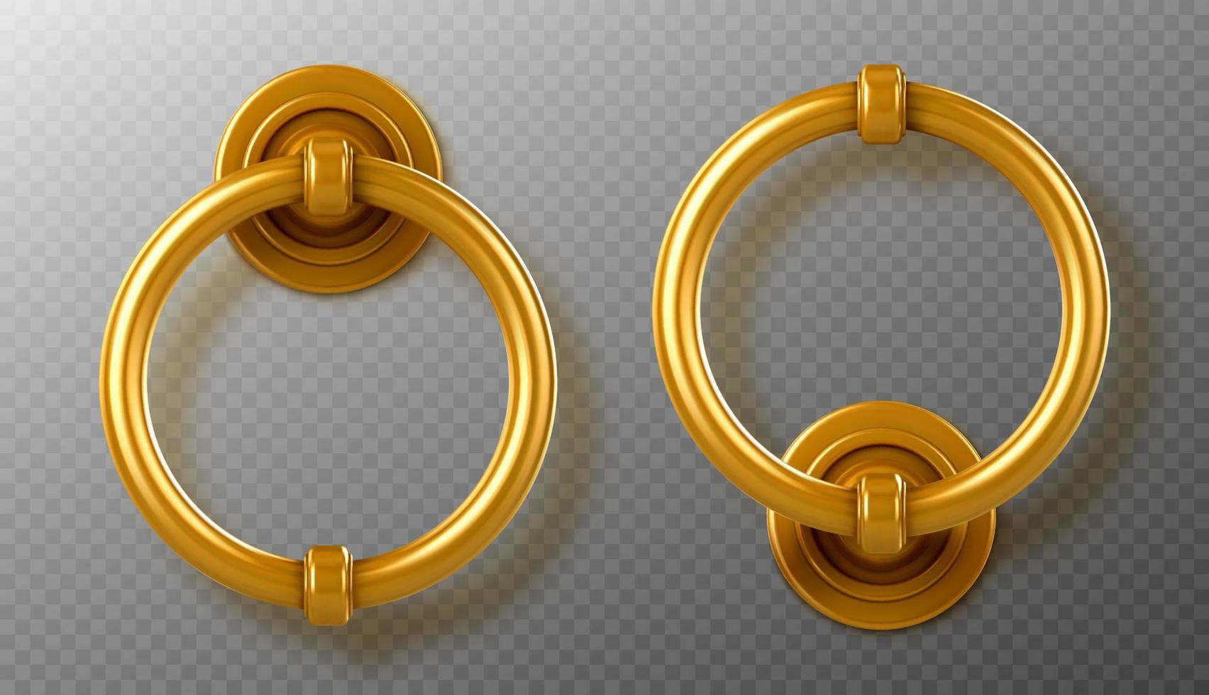 Realistic gold door knocker handles, ring knobs vector