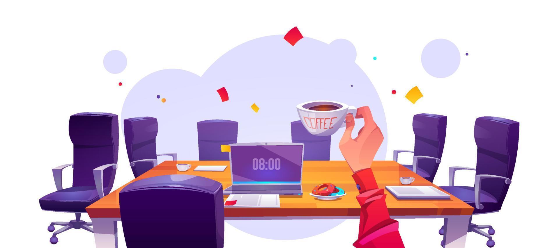 Boss at office workplace in morning, coffee cup vector