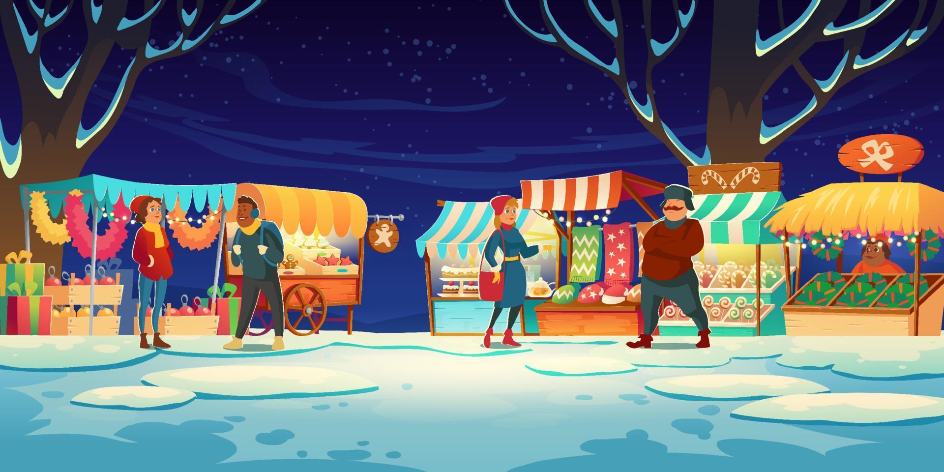 People on Christmas fair with market stalls vector
