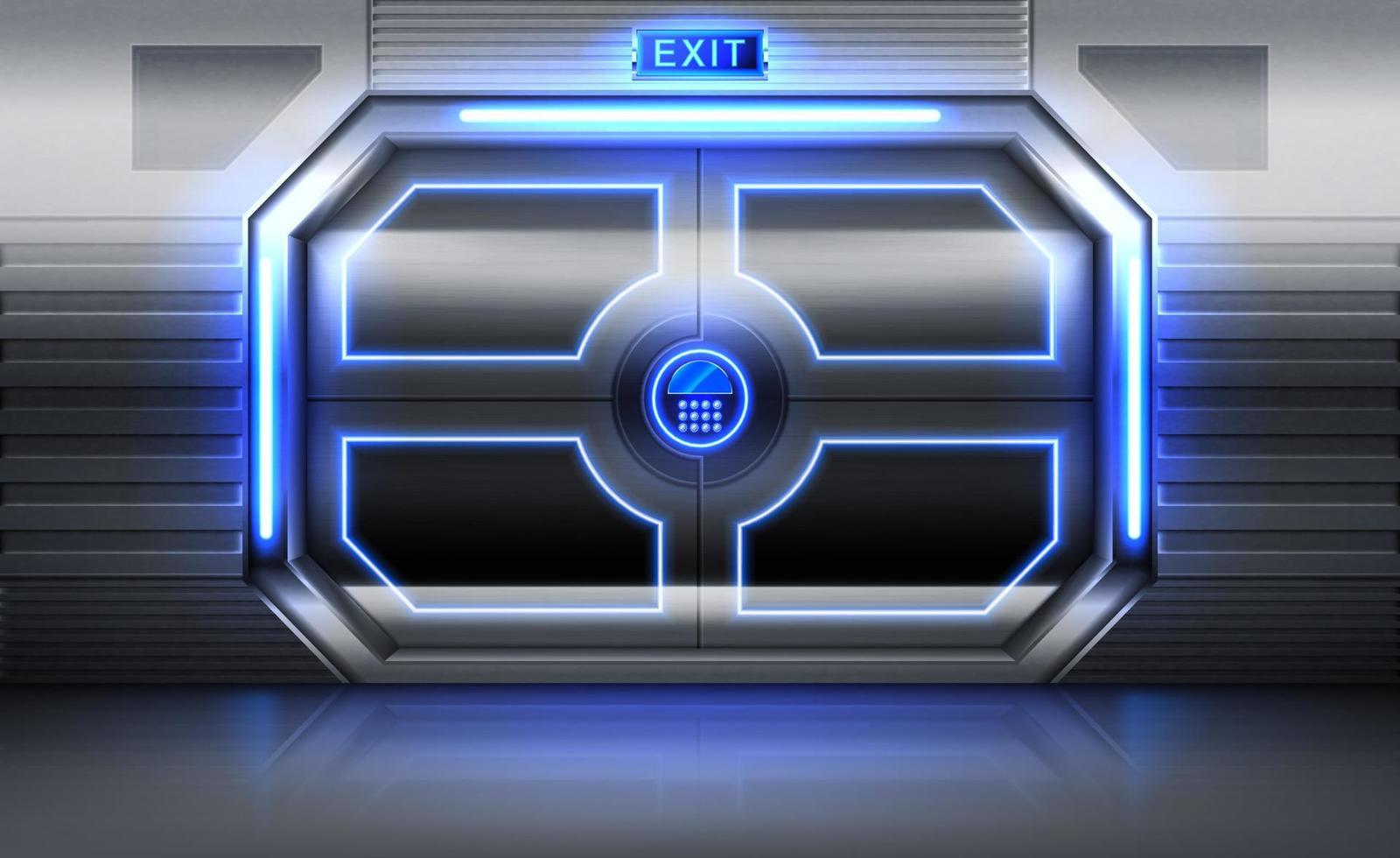 Metal door with exit sign neon glowing and buttons vector