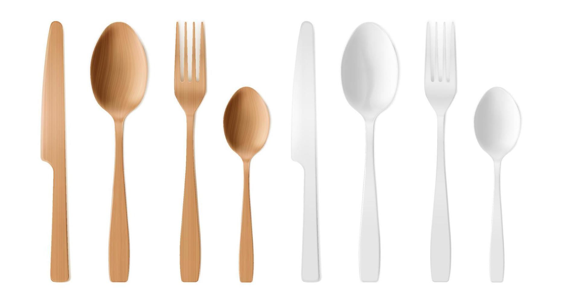 3d cutlery of wood and plastic, disposable set vector