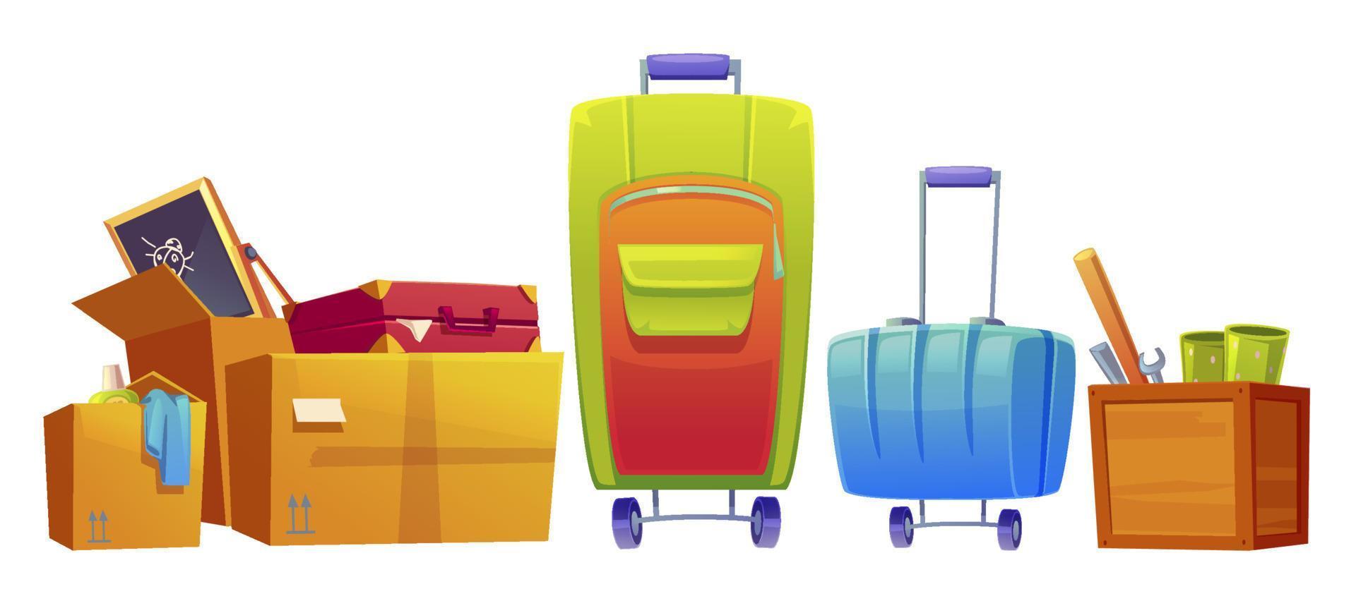 Set of old things luggage, suitcase and boxes vector