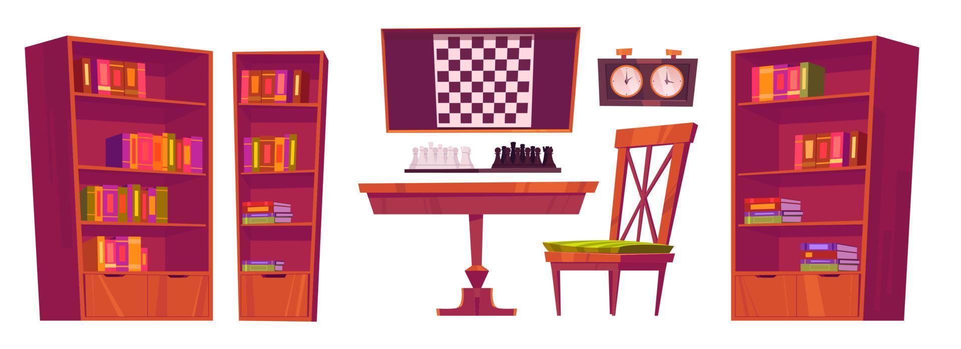 Chess club furniture with board, pieces and clock vector