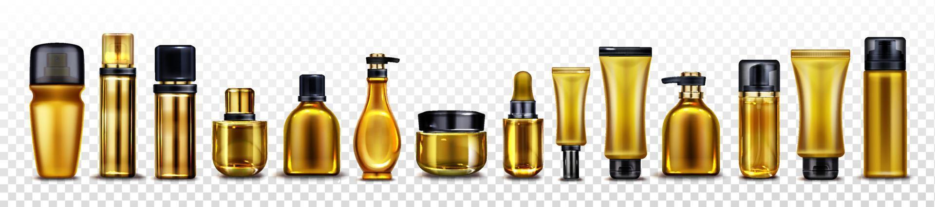 Vector mockup of golden cosmetic bottles and tubes