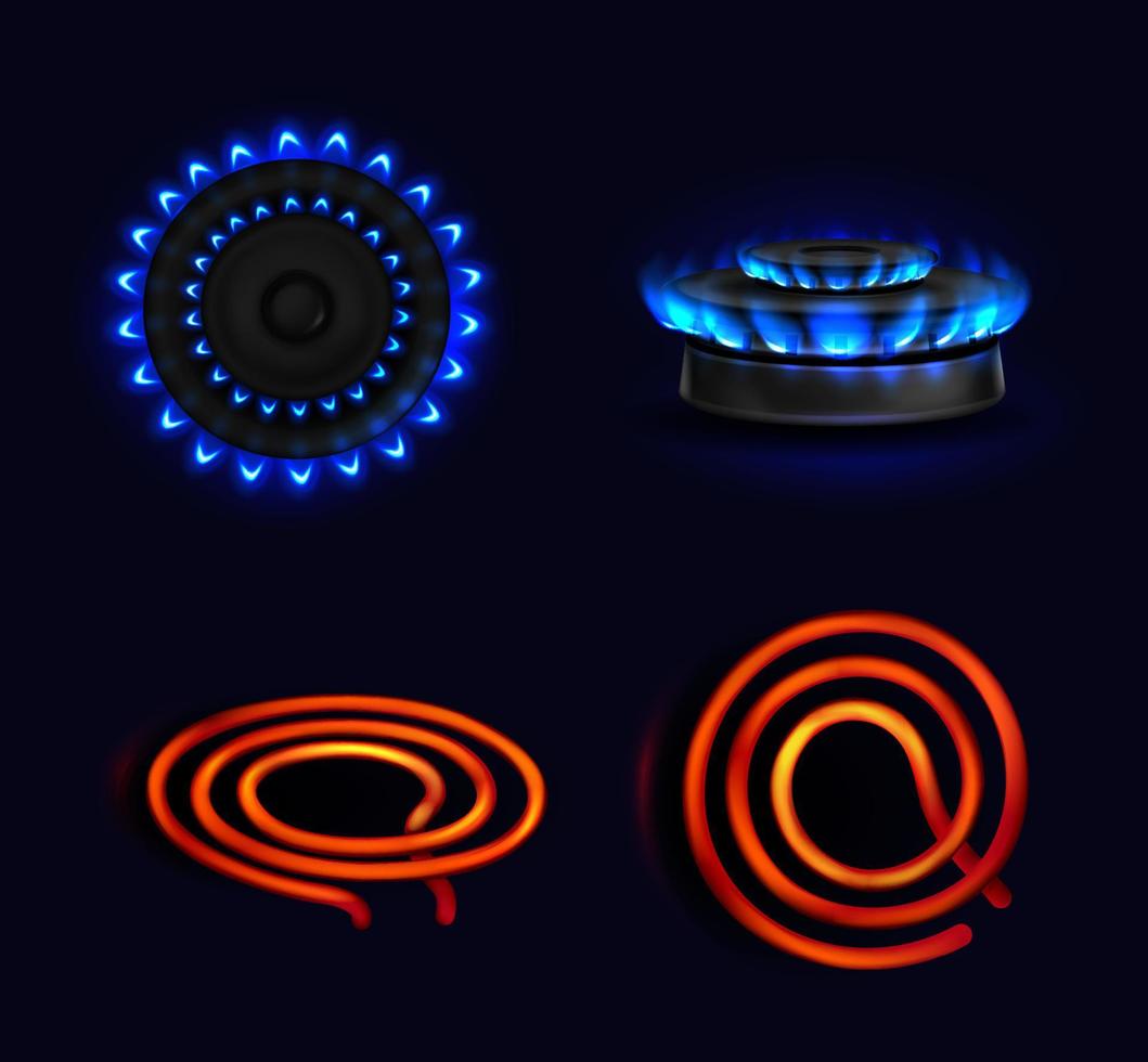 Hotplates, burning gas stove and electric coil vector