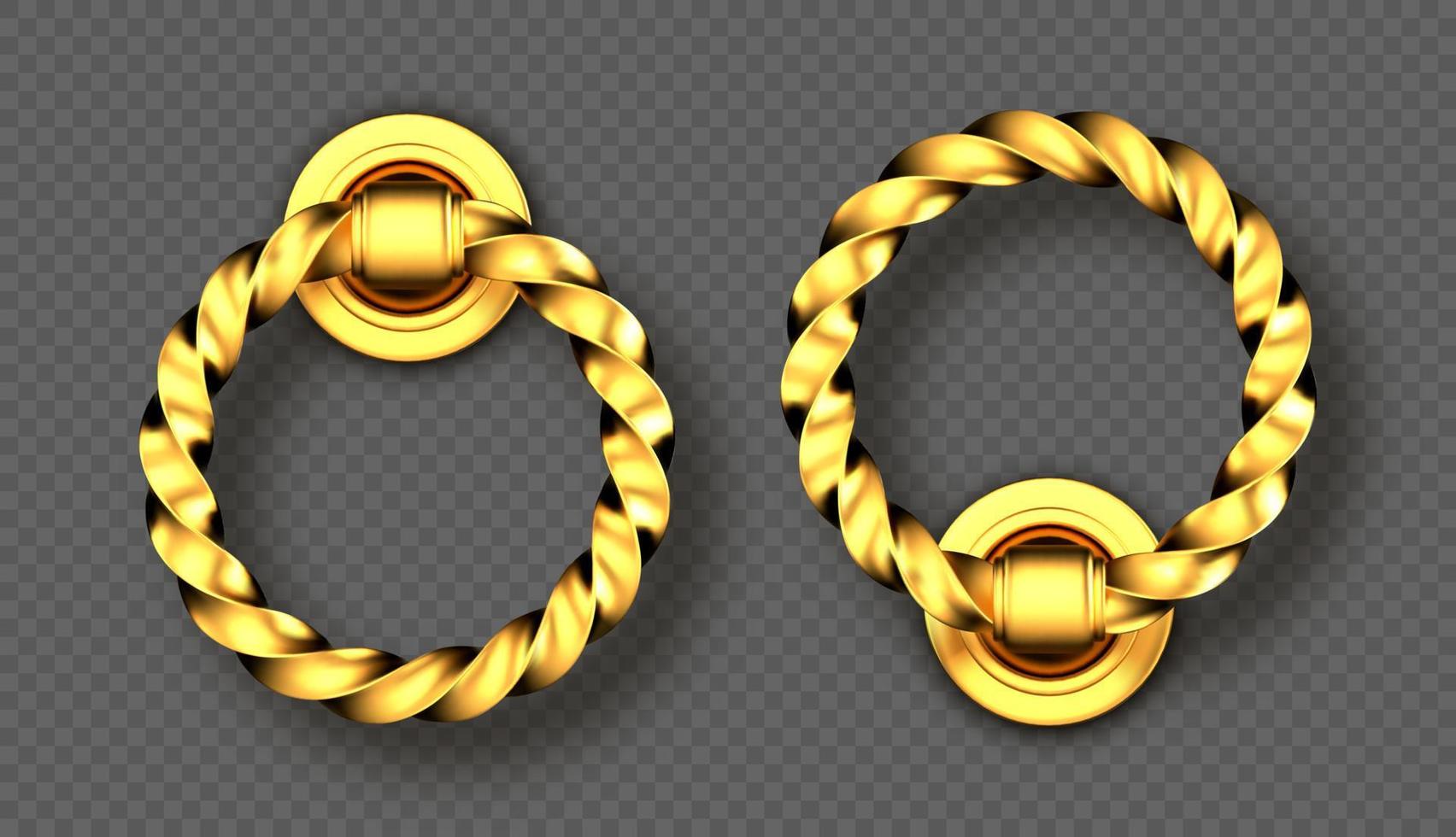 Realistic gold door knocker, twisted handles rings vector