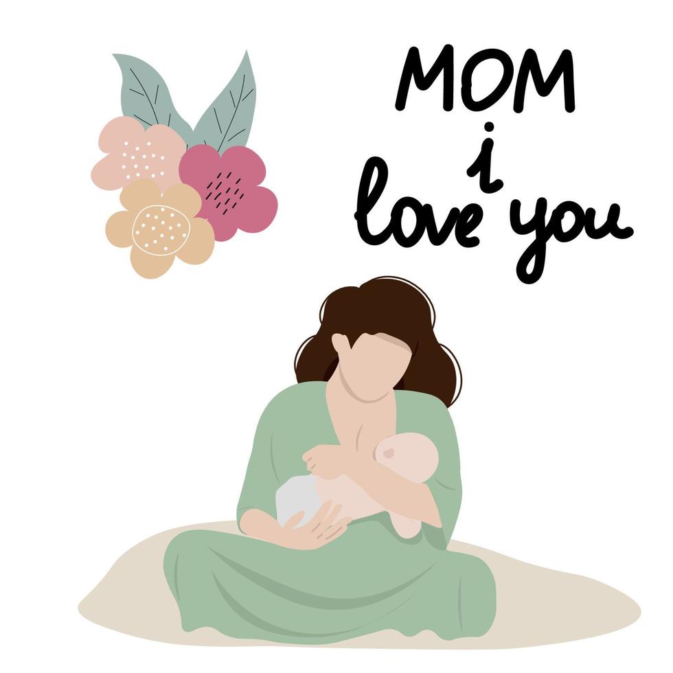 Mother feeding a baby. Breastfeeding illustration, Happy Mother's Day lettering. Perfect for card, flaer, gifts, poster, banner, birthday cards. vector