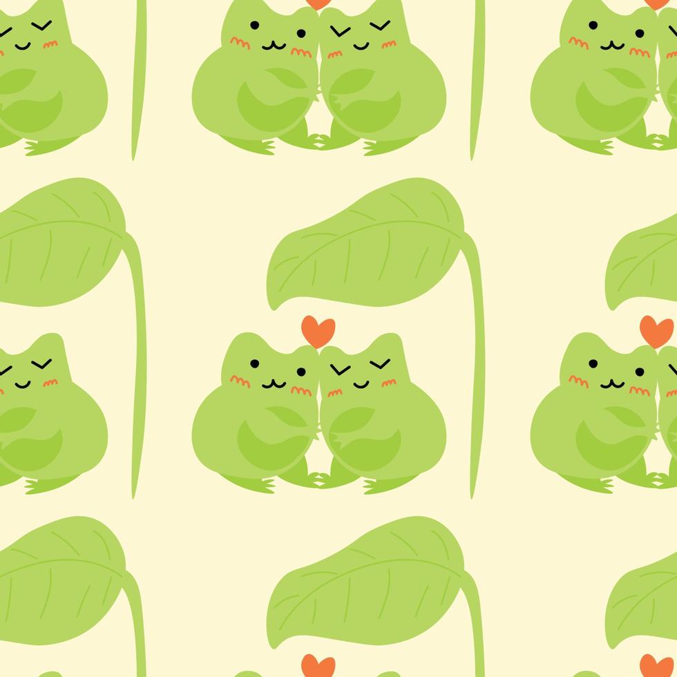 Cute cartoon frogs with hearts. Enamored green toads. Vector animal characters seamless pattern of amphibian toad drawing.Childish design for baby clothes, bedding, textiles, print, wallpaper.
