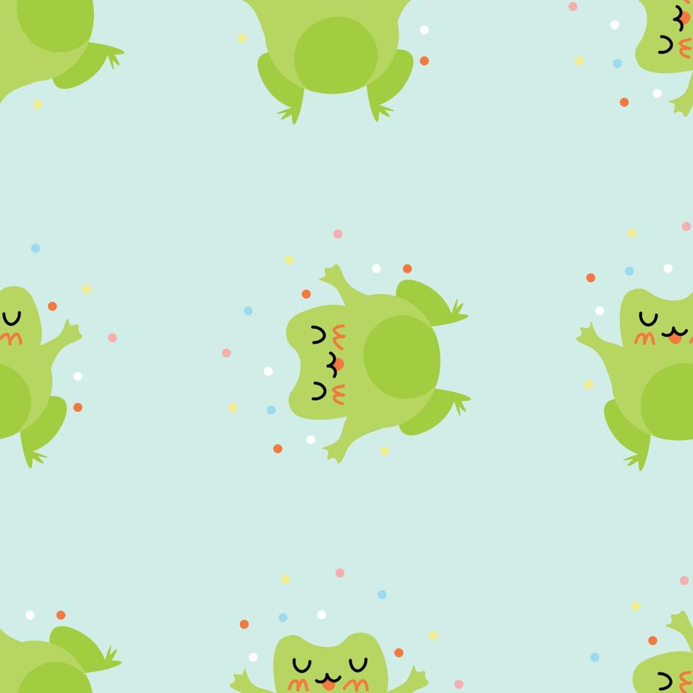Cute cartoon frogs with confetti. Enamored green toads. Vector animal characters seamless pattern of amphibian toad drawing.Childish design for baby clothes, bedding, textiles, print, wallpaper.