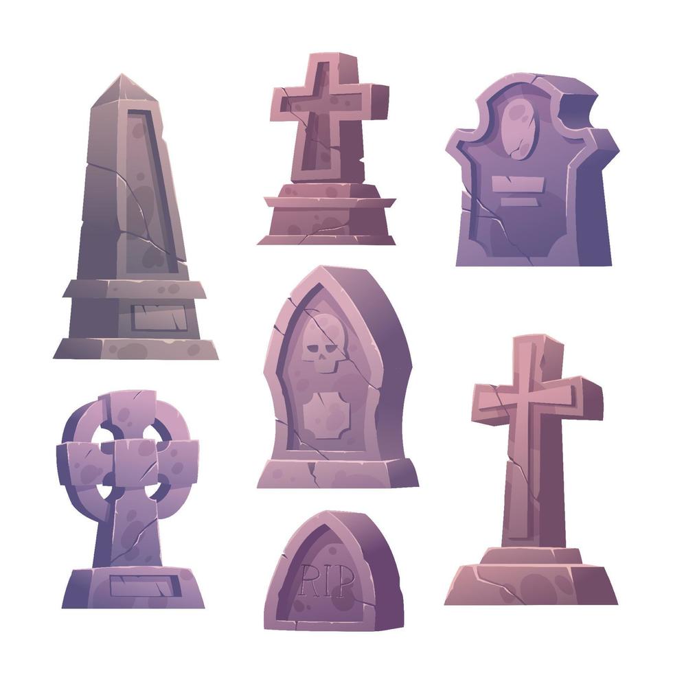 Cemetery tombstones, graveyard buildings icons set vector