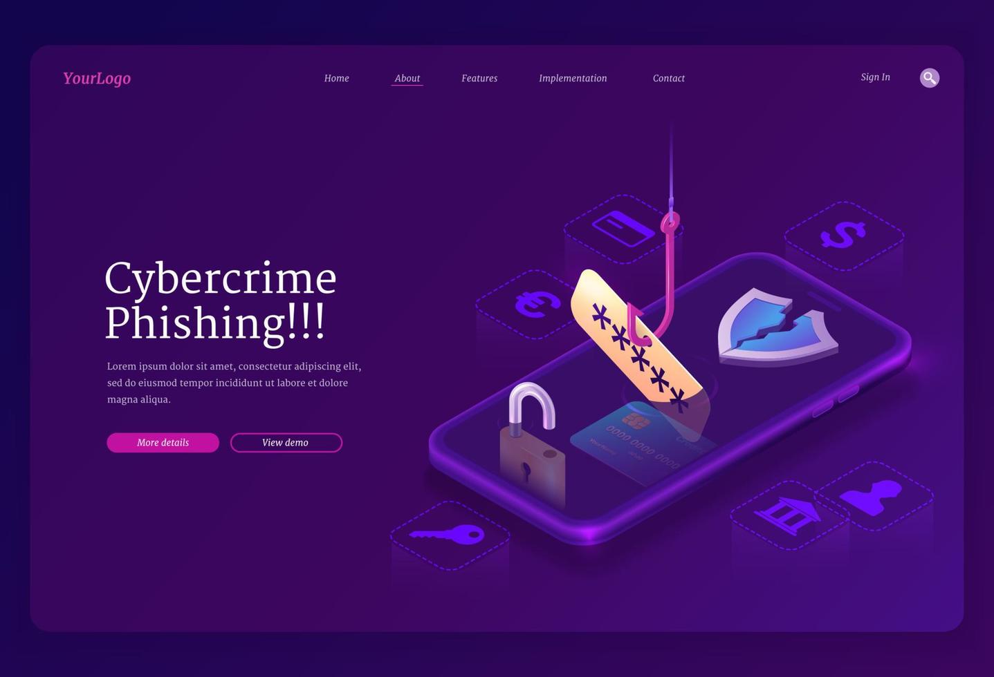 Phishing cybercrime isometric landing page, banner vector