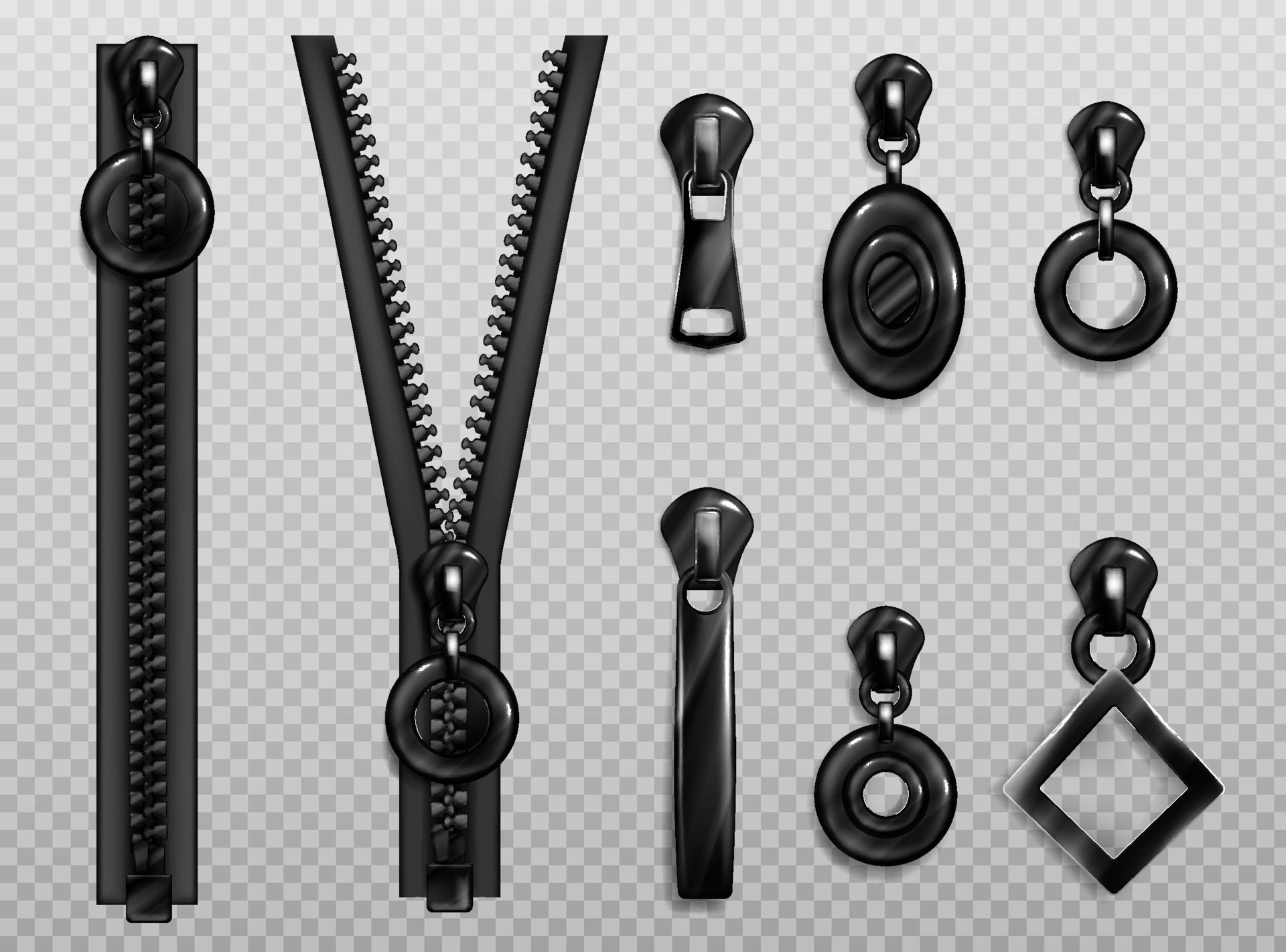 Metal zip fasteners, silver zippers puller set 15370458 Vector Art at