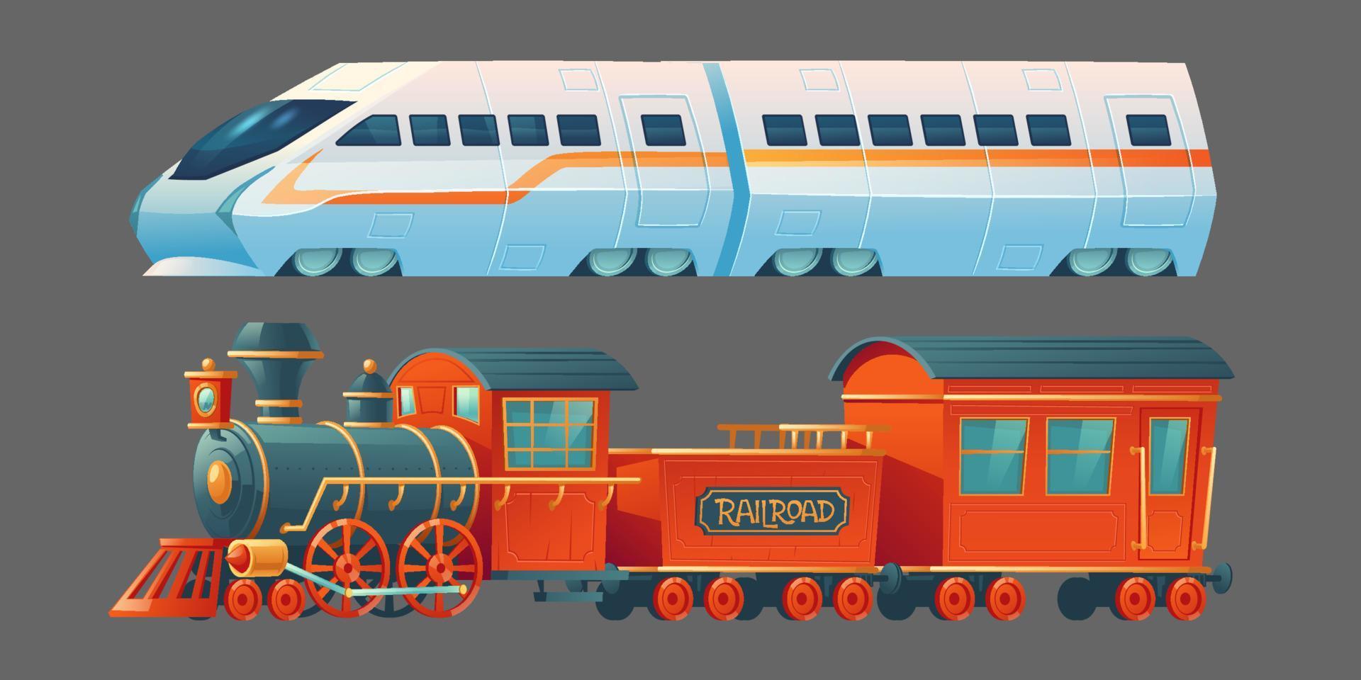 Old and modern trains, railroad commuter transport vector