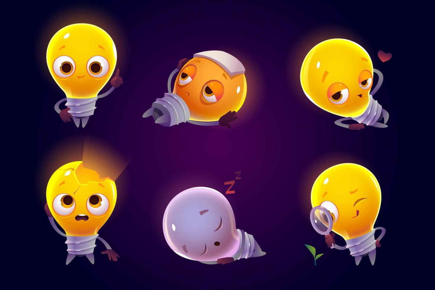 Funny light bulbs characters emoji icons set. vector