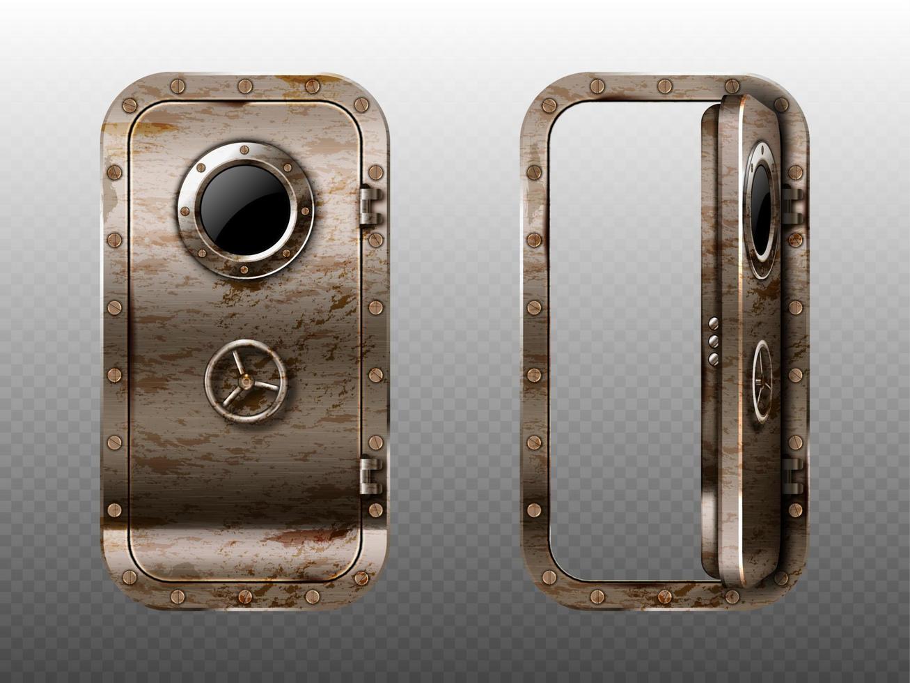 Old metal doors with porthole, rusty doorways. vector