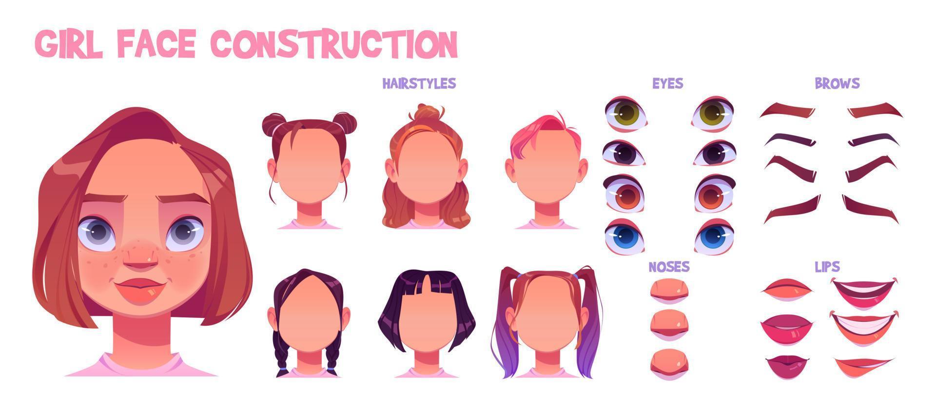 construcción de cara de niña, creación de avatar con partes vector