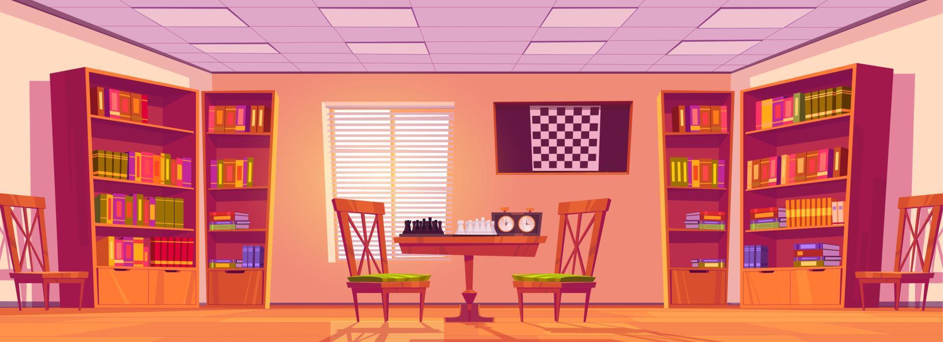 Chess club interior with board, pieces and clock vector