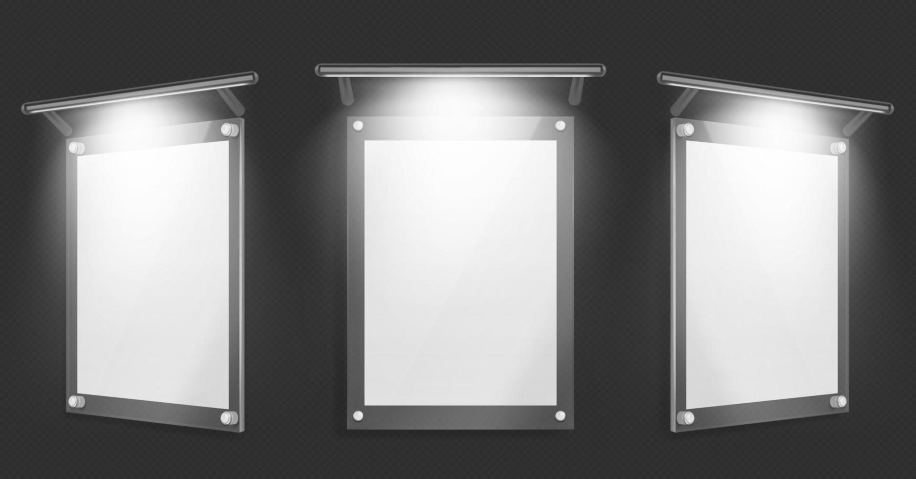 cartel acrílico marco de vidrio en blanco con iluminación vector