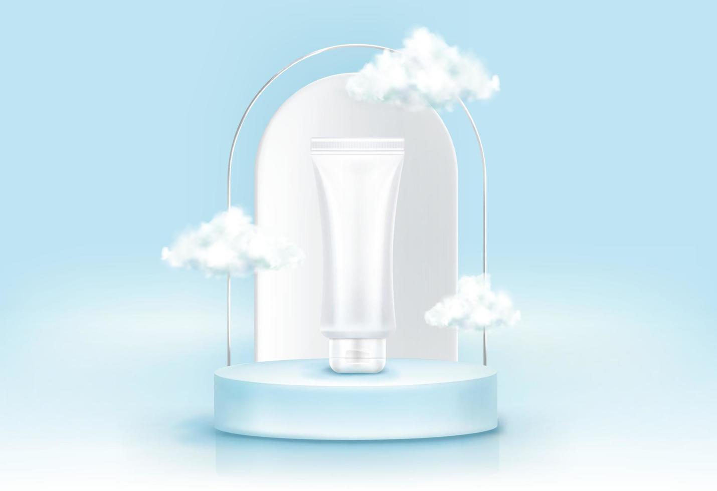 White cosmetic tube on round podium with arch vector