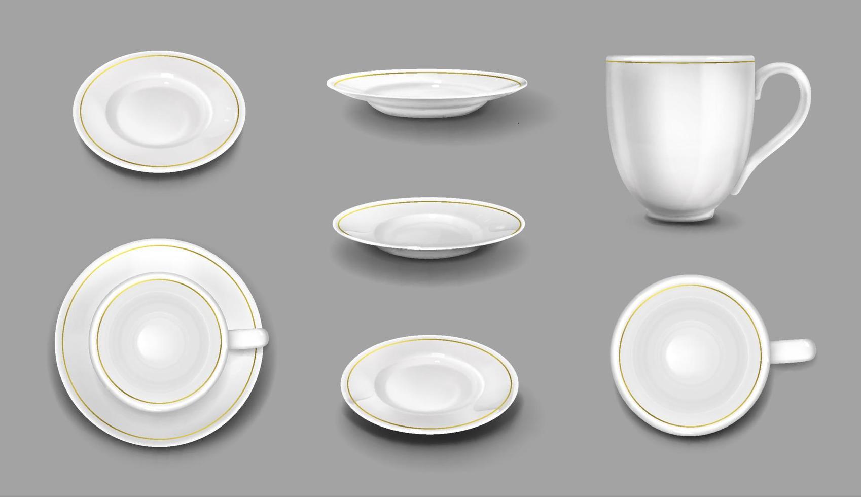 platos o tazas blancos con borde dorado conjunto aislado vector
