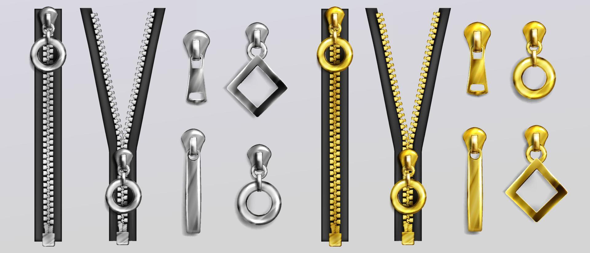 Silver and gold zippers with pullers vector