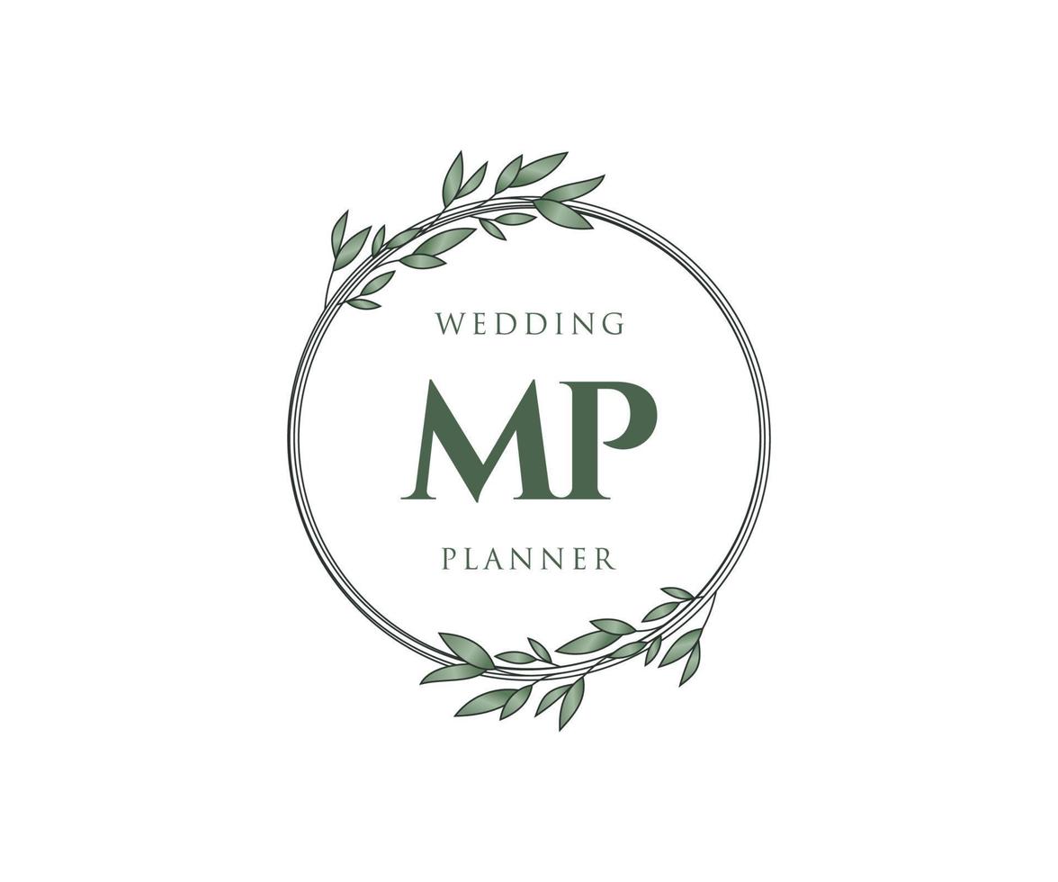 colección de logotipos de monogramas de boda con letras iniciales de mp, plantillas florales y minimalistas modernas dibujadas a mano para tarjetas de invitación, guardar la fecha, identidad elegante para restaurante, boutique, café en vector