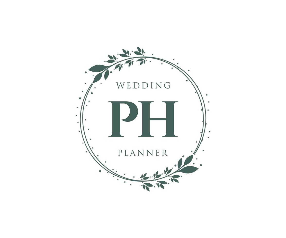 Colección de logotipos de monograma de boda con letras iniciales de ph, plantillas florales y minimalistas modernas dibujadas a mano para tarjetas de invitación, guardar la fecha, identidad elegante para restaurante, boutique, café en vector