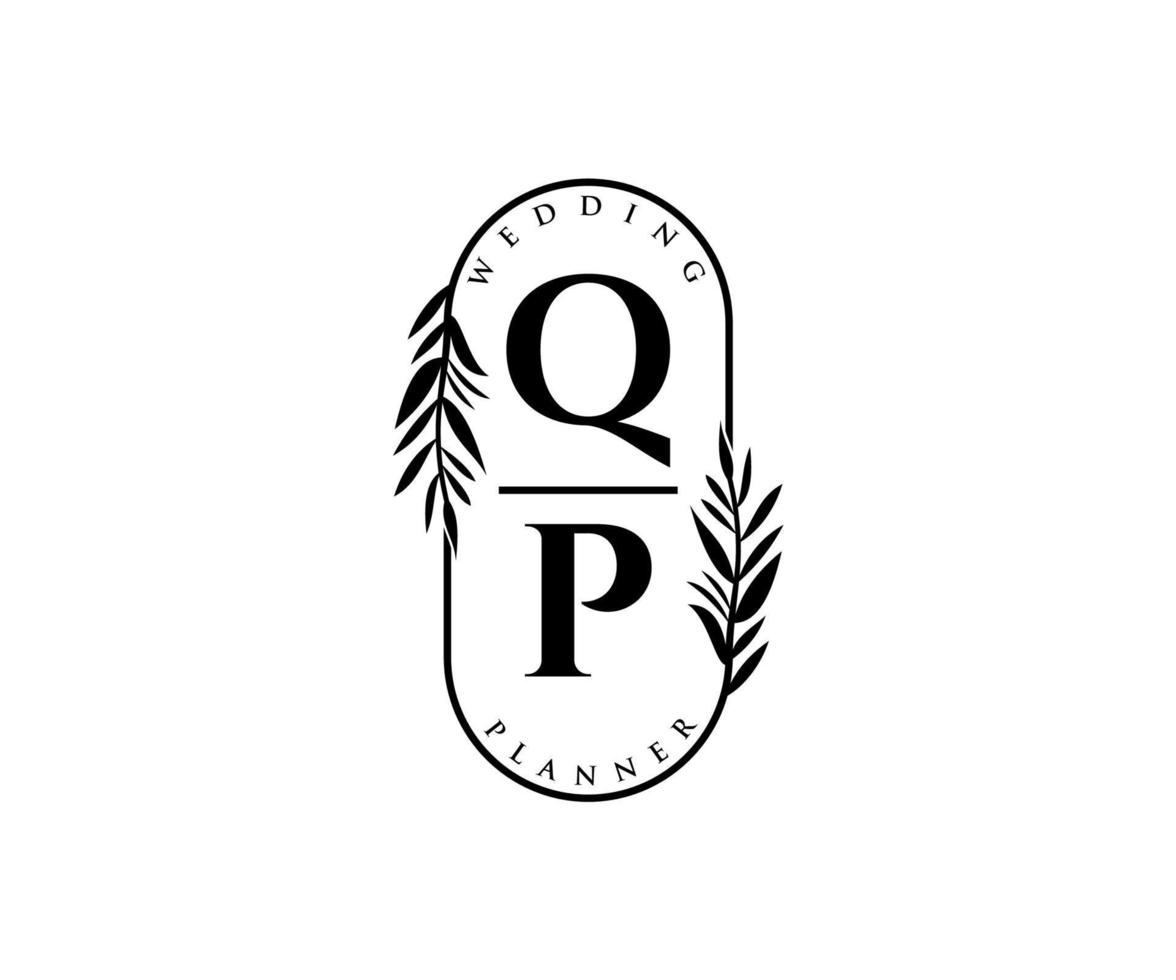 Colección de logotipos de monogramas de boda con letras iniciales qp, plantillas florales y minimalistas modernas dibujadas a mano para tarjetas de invitación, guardar la fecha, identidad elegante para restaurante, boutique, café en vector