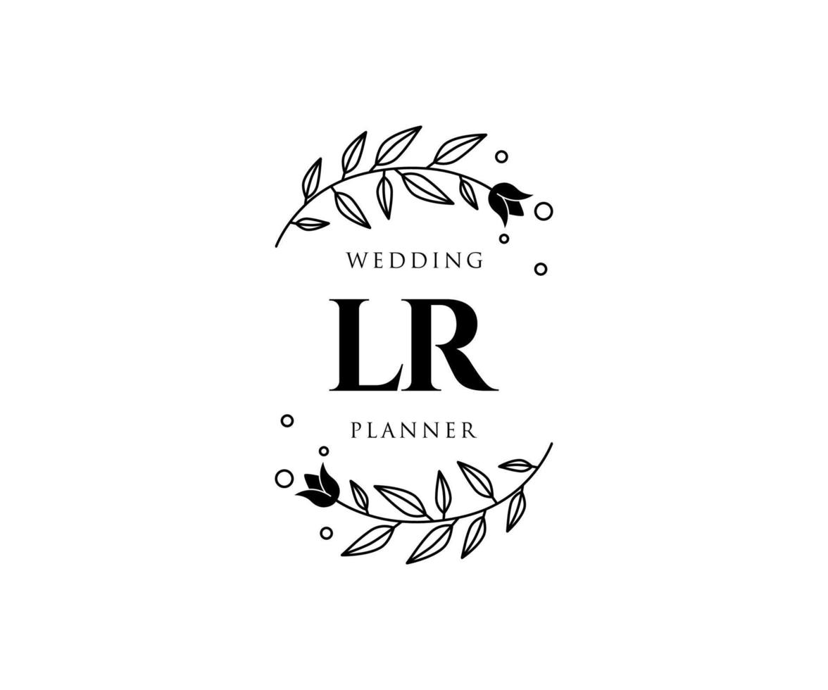 Colección de logotipos de monogramas de boda con letras iniciales lr, plantillas florales y minimalistas modernas dibujadas a mano para tarjetas de invitación, guardar la fecha, identidad elegante para restaurante, boutique, café en vector