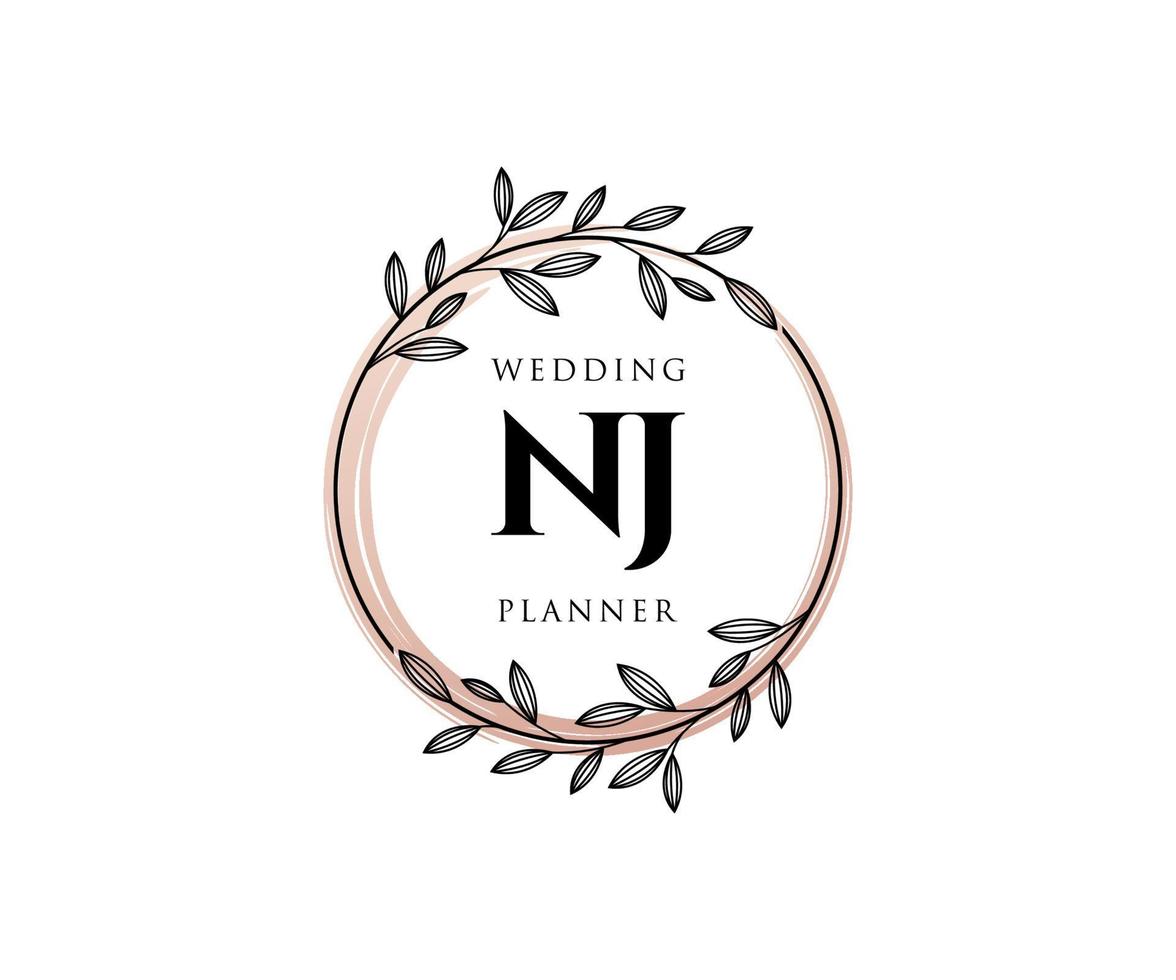 colección de logotipos de monograma de boda con letras iniciales de nj, plantillas florales y minimalistas modernas dibujadas a mano para tarjetas de invitación, guardar la fecha, identidad elegante para restaurante, boutique, café en vector