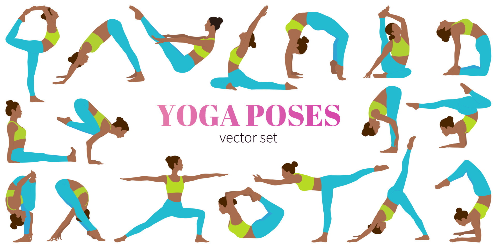 Yoga Basic Poses with Names Colored Vector Set with Woman. Stock