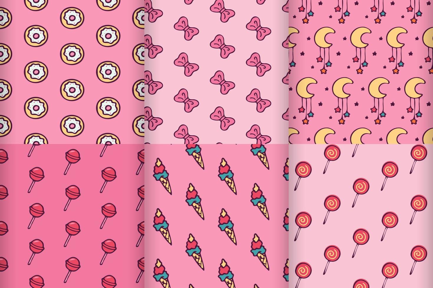 Collection of hand drawn pink patterns with doodle sweets and toys. Cute pink vector patterns for children. Vector illustration