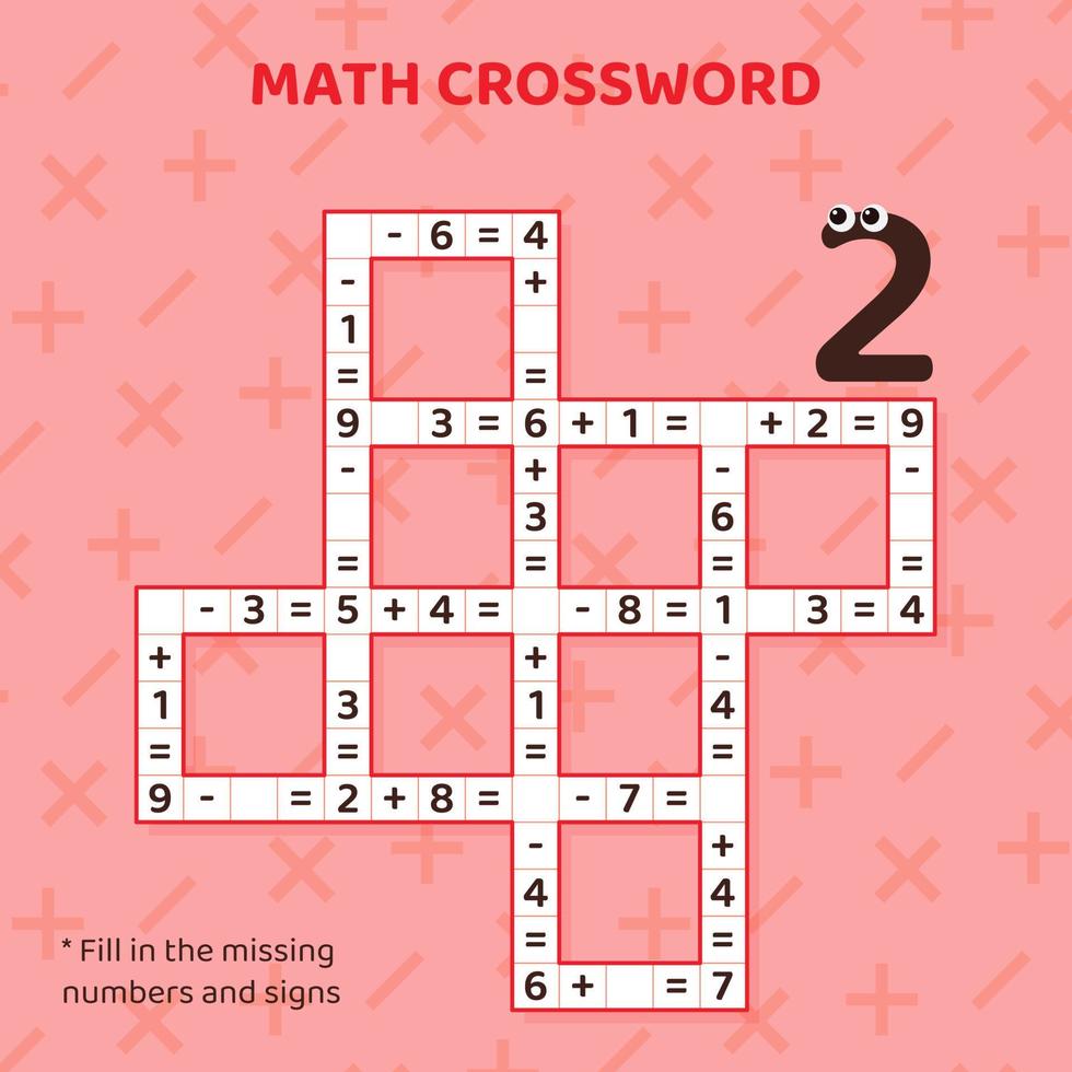 Math Crossword puzzle for children solve examples. Education materials for kids. Math educational crossword for preschool and age school children. Vector illustration