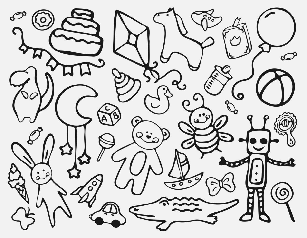 Children Toys doodle icon set. isolated Kids Toys Vector illustration collection. Hand drawn Line art style. Vector illustration