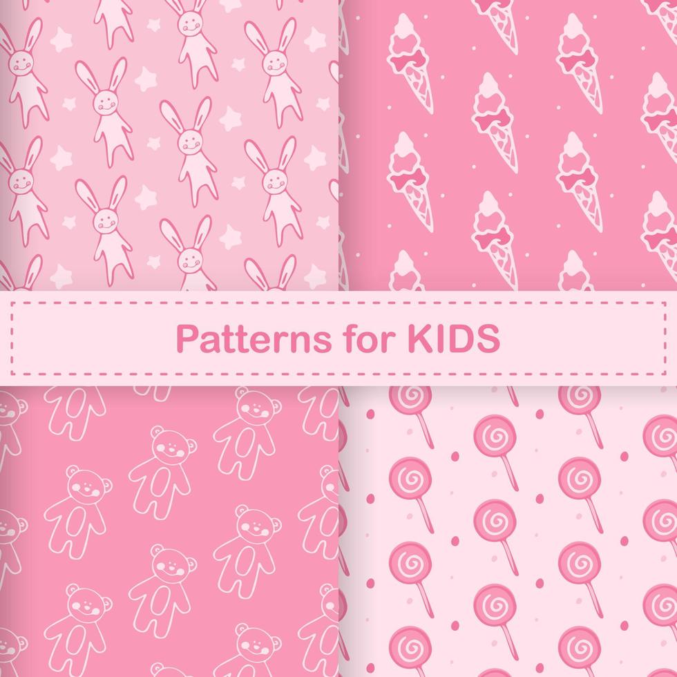 Collection of hand drawn pink patterns with doodle sweets and toys. Cute pink vector patterns for children. Vector illustration