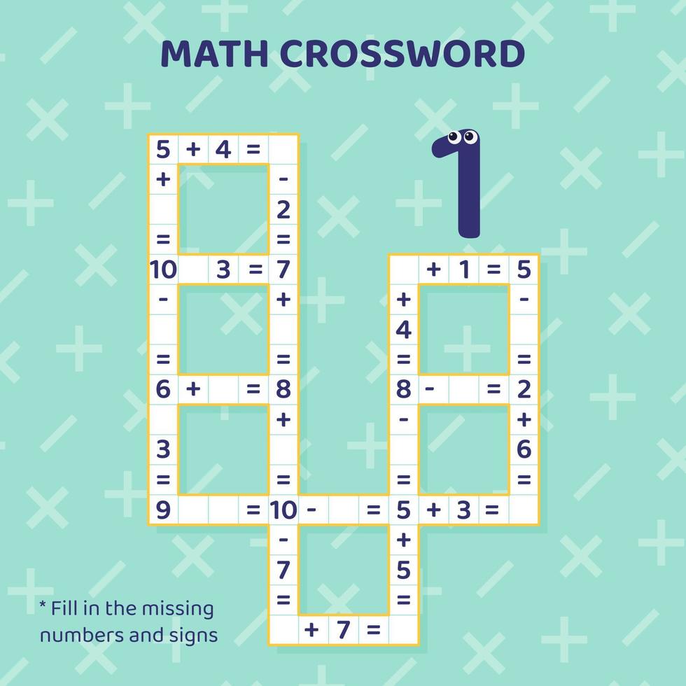 Math Crossword puzzle for children solve examples. Education materials for kids. Math educational crossword for preschool and age school children. Vector illustration