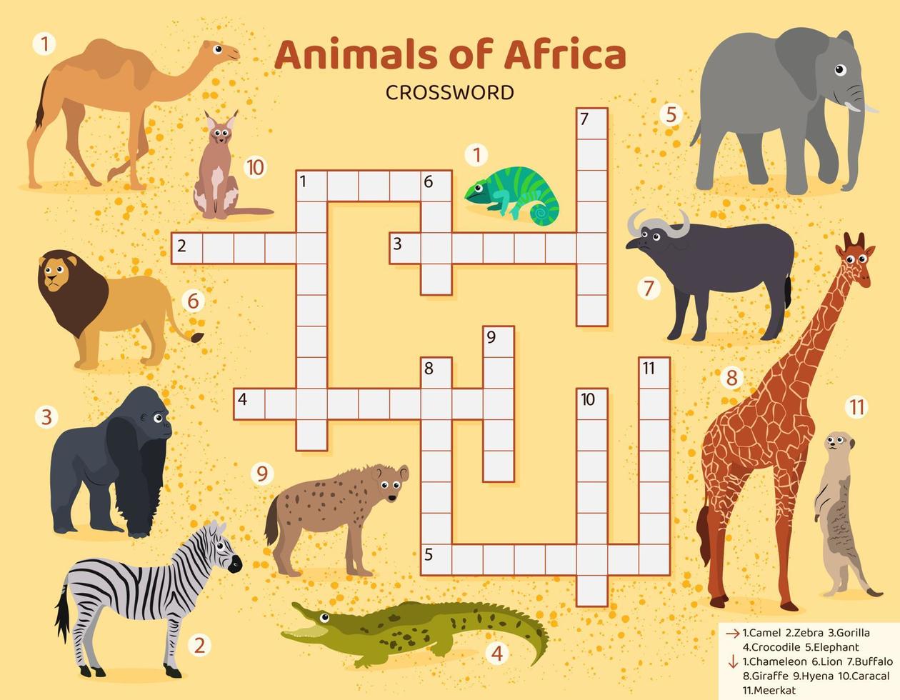 Crucigrama en inglés con animales africanos. juego educativo para niños. aprendiendo el idioma inglés. rompecabezas de ortografía de dibujos animados. prueba para el libro de crucigramas para niños. ilustración vectorial vector