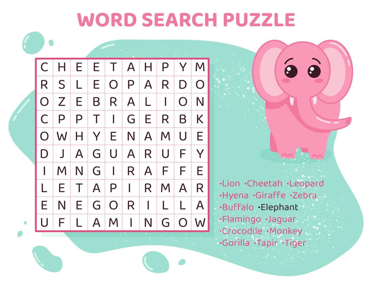 Word search puzzle with african animals. Education game for children.  Learning English language. Cartoon spelling puzzle. Test for kids Crossword  book. Vector illustration. 15372542 Vector Art at Vecteezy