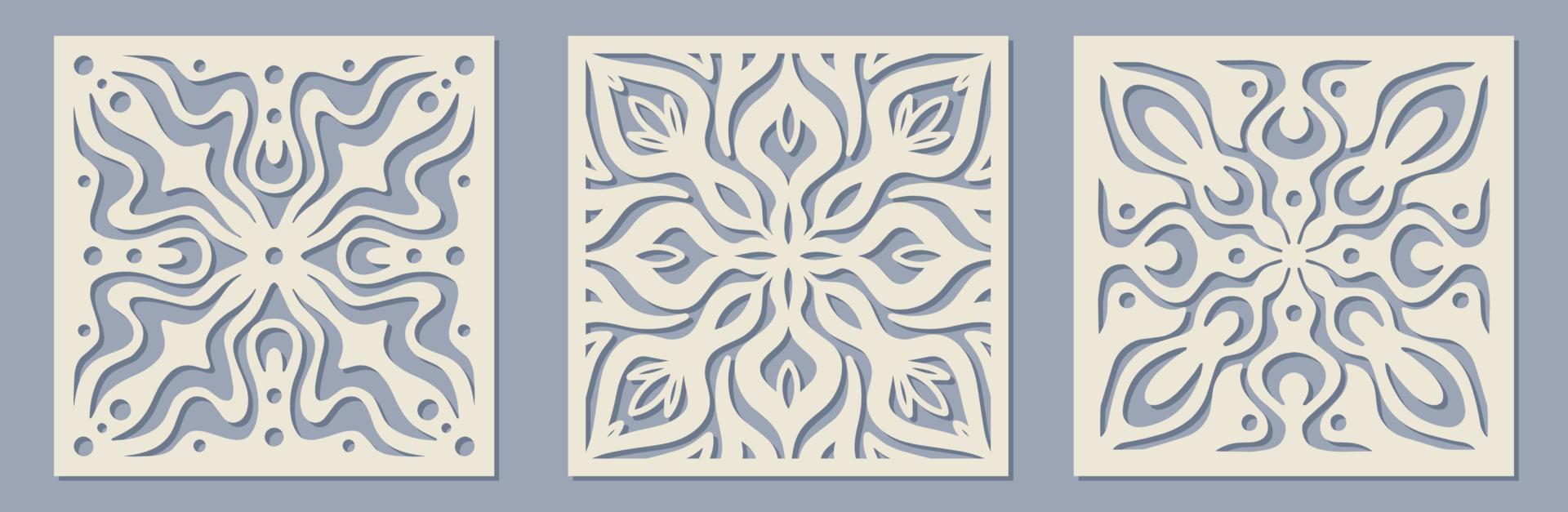 Vector Laser cut square panel set with vintage baroque pattern. Ornamental templates collection for wedding invitation or greeting card. Cabinet fretwork screen. Metal design, wood carving