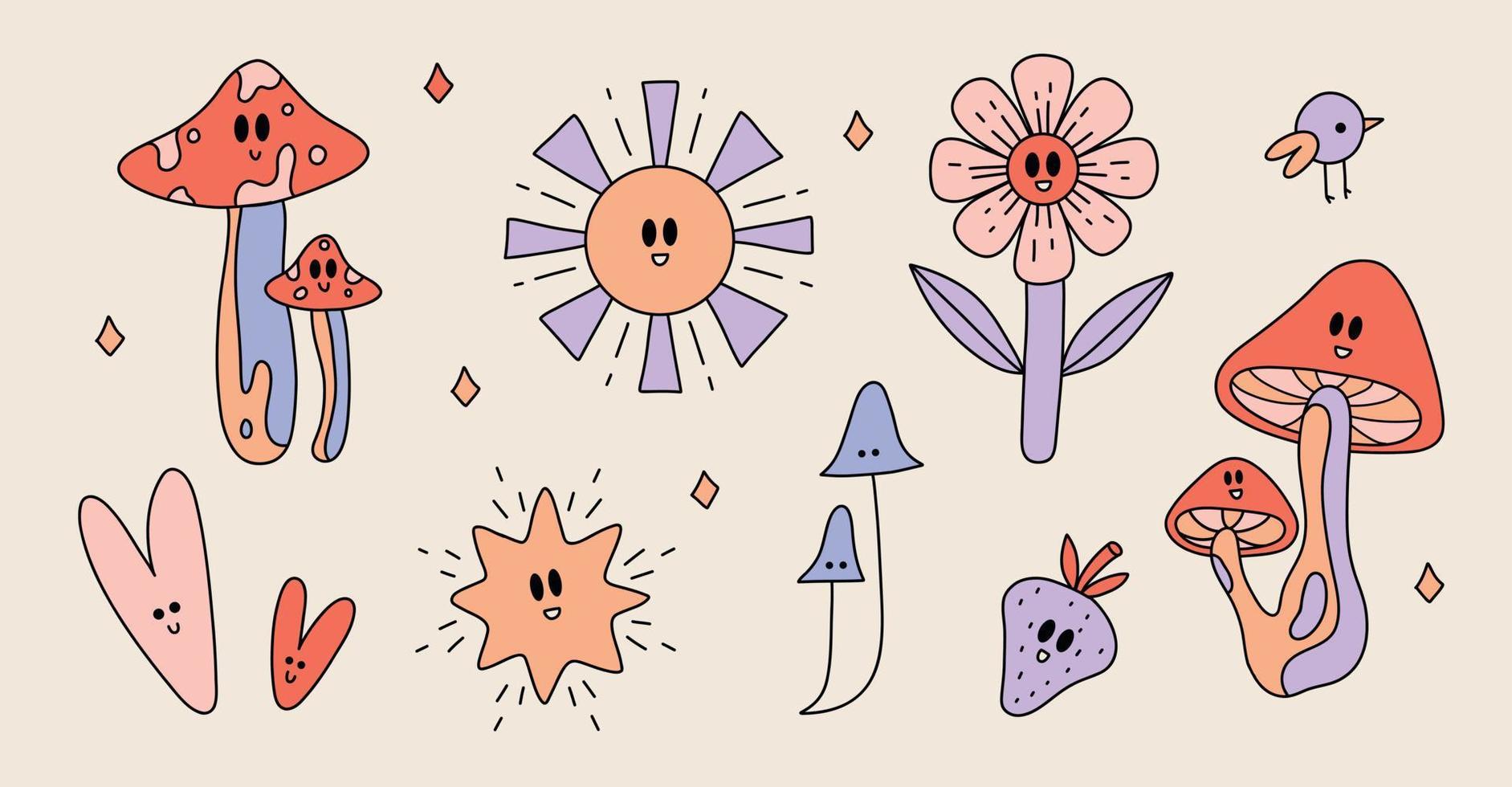 Funny retro Stickers of Psychedelic Groovy aesthetic. Vintage cartoon set  of mushrooms, flower, bird, sun, strawberry, stars, and hearts. Funky 60s -  70s elements 15372752 Vector Art at Vecteezy