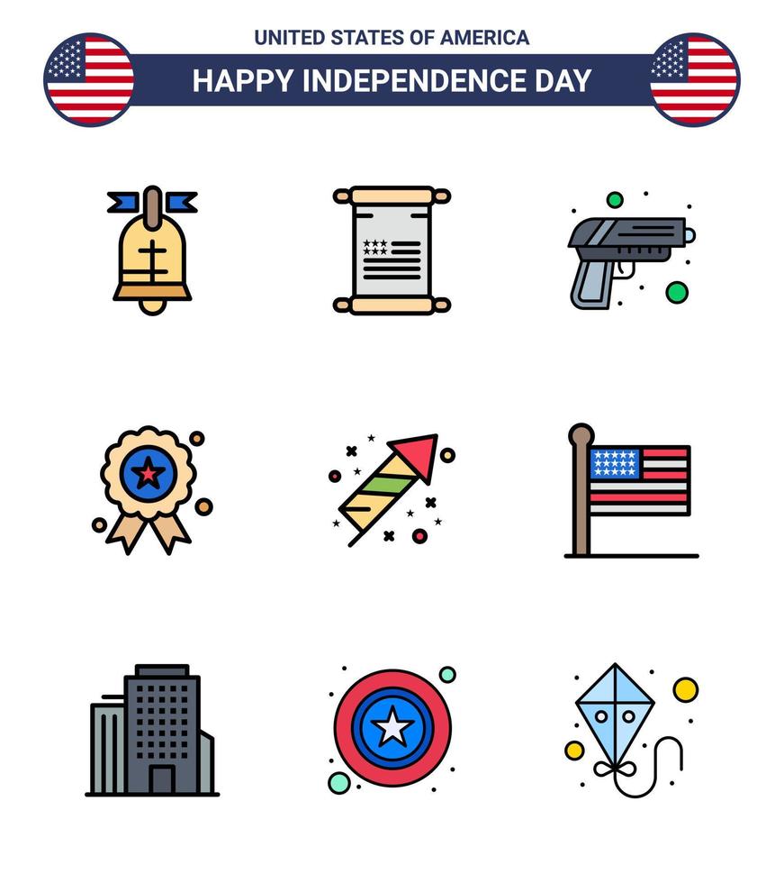 9 Flat Filled Line Signs for USA Independence Day festivity medal gun independence day holiday Editable USA Day Vector Design Elements